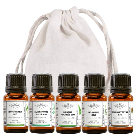 Pack sélection hiver - Lot de 5 Huiles essentielles BIO à diffuser - Ravintsara - Eucalyptus Radié - Menthe Poivrée - Niaouli - 