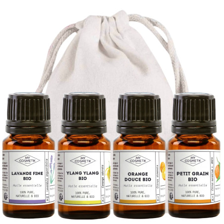 Pack anti stress et détente - Lot de 4 huiles essentielles BIO à diffuser - Lavande Fine - Petit Grain - Ylang Ylang - Orange Do