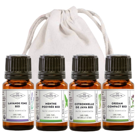 Pack été et voyage - Lot de 4 huiles essentielles BIO - Lavande Fine - Menthe Poivrée - Citronnelle de Java - Origan Compact - 4