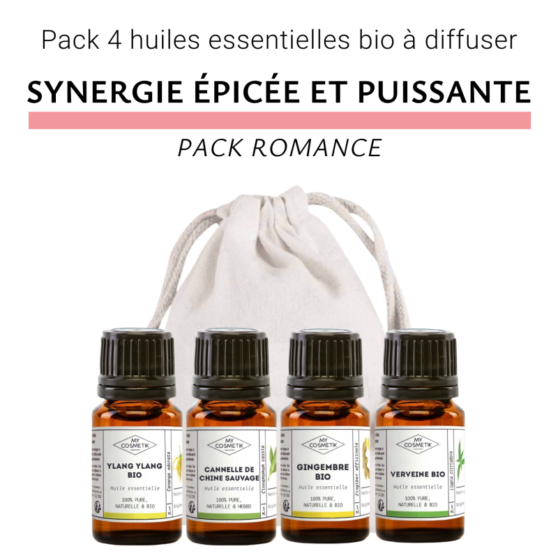 Pack Romance - synergie épicée et puissante - lot de 4 huiles essentielles BIO à diffuser - Ylang Ylang - Cannelle de Chine sauv