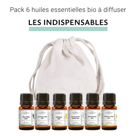 Pack indispensable pour la diffusion - Lot de 6 huiles essentielles BIO - Tea Tree - Lavande Fine - Citron - Eucalyptus Radié - 