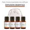Pack diffusion orientale - Lot de 4 huiles essentielles BIO à diffuser - Petit Grain - Encens - Patchouli - Orange Douce - 4 x 5