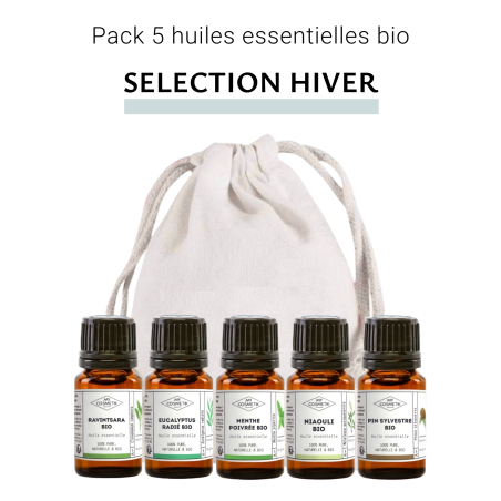 Pack sélection hiver - Lot de 5 Huiles essentielles BIO à diffuser - Ravintsara - Eucalyptus Radié - Menthe Poivrée - Niaouli - 