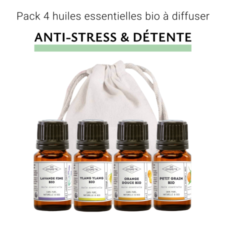 Pack anti stress et détente - Lot de 4 huiles essentielles BIO à diffuser - Lavande Fine - Petit Grain - Ylang Ylang - Orange Do